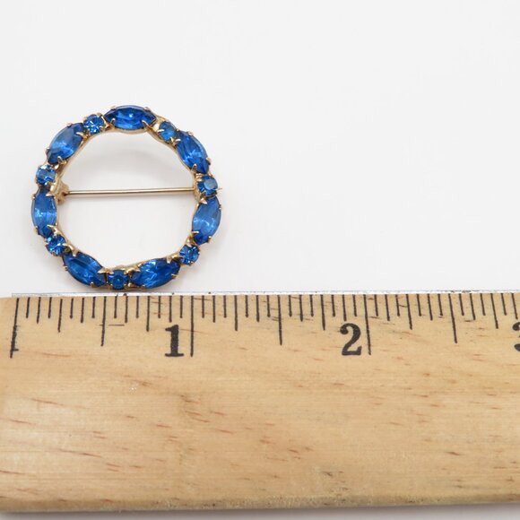 Vintage Blue Round Navette Rhinestones Gold Tone Circle Brooch - Picture 6 of 6